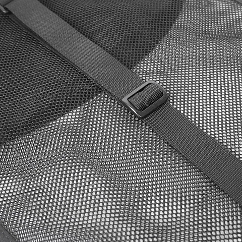 Close-up of black mesh fabric with adjustable shoulder strap from Breathable Mesh Gear Bag For Snorkel Gear And Dive Mask With Heavy Duty Zipper.