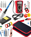 All In One Soldering Kit With 60W Adjustable Iron, 30 In One Tips, Digital Multimeter, Solder Wire, Flux Paste, Desoldering Pump, Tweezers For Electronics Hobbyists And DIYers, 110V US Plug. Showing components and case.