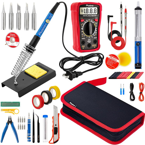 All In One Soldering Kit With 60W Adjustable Iron, 30 In One Tips, Digital Multimeter, Solder Wire, Flux Paste, Desoldering Pump, Tweezers For Electronics Hobbyists And DIYers, 110V US Plug. Showing components and case.