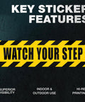 Caution Floor Decals 10x3 Inches Yellow Reflective Stickers For Steps Waterproof Self Adhesive Signage Watch Your Step With Bold Black Lettering And Diagonal Stripes Two Pack.