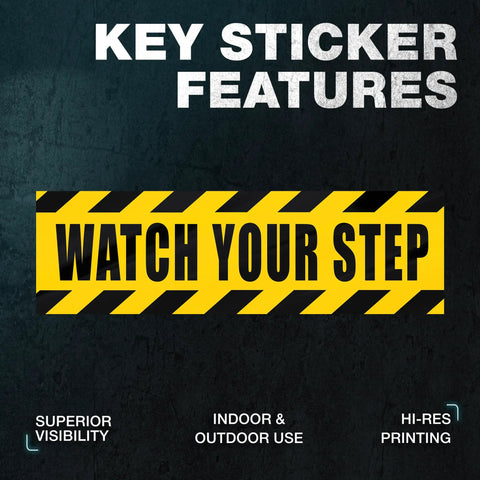 Caution Floor Decals 10x3 Inches Yellow Reflective Stickers For Steps Waterproof Self Adhesive Signage Watch Your Step With Bold Black Lettering And Diagonal Stripes Two Pack.