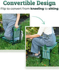 All In One Garden Kneeler And Seat With Knee Cushion And Flip Design For Comfortable Gardening shown in use, seated and kneeling positions