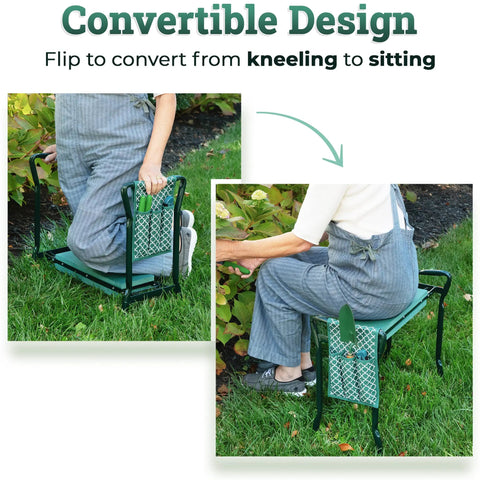 All In One Garden Kneeler And Seat With Knee Cushion And Flip Design For Comfortable Gardening shown in use, seated and kneeling positions