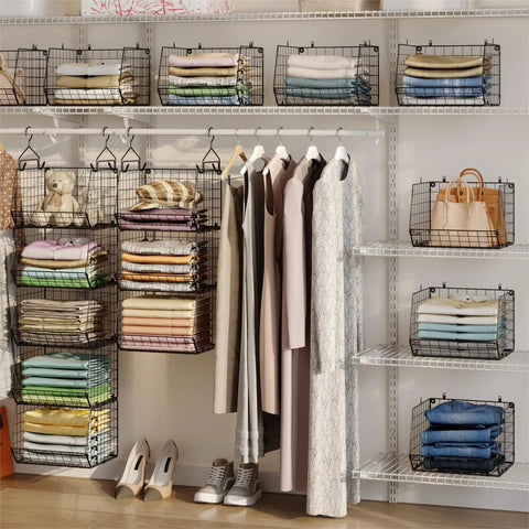 Five Tier Closet Hanging Organizer With Four Sturdy Hooks For Clothes Sweaters Shoes Handbags And Purses Zero Hassle Wire Storage Bins Top Shelf Space Saving Rack System