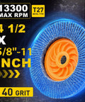 Top Tier 4.5 Inch Flap Discs For Angle Grinder Featuring No Fuss Tool Free Installation 40 Grit Hella Strong Zirconia Sanding Wheels For Knocking Rust Off And Securing Boss Level Surface Prep Work 10 Pack detail of 4.5 inch flap disc with orange hub.