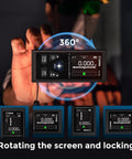 Professional Grade Rechargeable Dual Laser Distance Meter 393 Ft Range Rapid Fire Targeting Measuring Tool displaying 360° screen rotation.