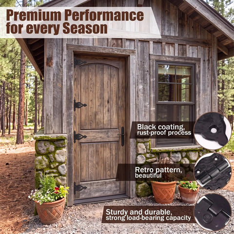 Rustic wooden door with 12 Pack Antique Cast Iron T Hinges 5.3 Inch Heavy Duty Vintage Black Gate Hinges for barn doors