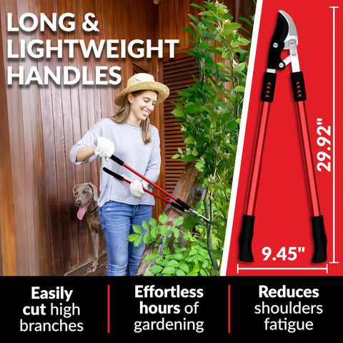 Woman using Bypass Lopper With Compound Action 30 Inch Tree Trimmer For Pruning Branch Cutter With One And Three Quarters Inch Cutting Capacity Delivers Clean Cuts With Ease Heavy Duty Garden Tool For Home Yards in garden
