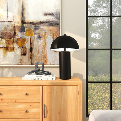 Black Metal Table Lamp With Dome Shade Modern Living Room Accent Light on wooden sideboard in cozy interior