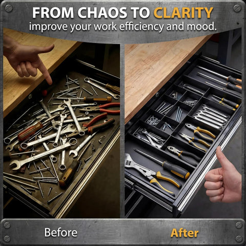 2 Pack Tool Box Organizer Tray Dividers Expandable Desk Drawer Organizer With 12 Plus 2 Compartments Fits 12 To 20.5 Inch Large Tool Chests Rolling Chest Cart Workbench Storage For Wrenches Screwdrivers Nuts And Bolts before and after drawer organization
