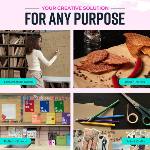 Collage showcasing uses for Brown Kraft Packing Paper Roll 18 Inch By 1200 Inch USA Made for creative projects and solutions.