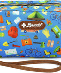 Front view of blue kids-themed travel first aid kit pouch with brown wrist strap and Lincada patch.