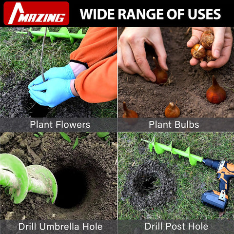 Upgrade Spiral Garden Auger Drill Bit 16 Inch By 4 Inch Heavy Duty Double Blade tool for planting flowers and bulbs in yard.