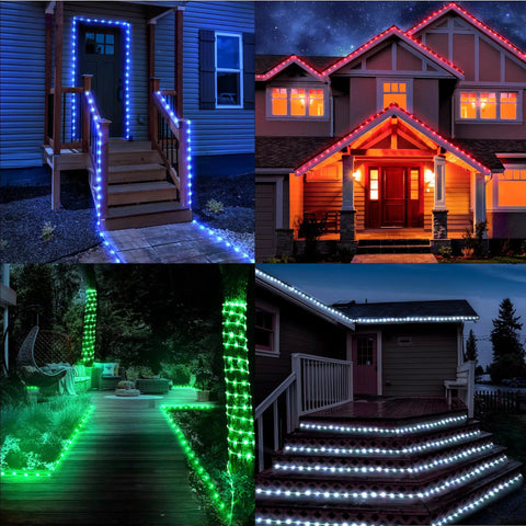 66Ft 200LED RGB Rope Light With 24 Colors Plus Warm White illuminating house exteriors and garden paths, remote controlled