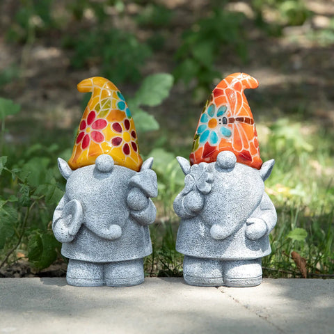Two Chillin Gnomes Solar Powered LED Outdoor Light Set Of 2 For Garden Patio And Lawn with colorful hats