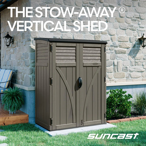 Weatherproof Outdoor Storage Cabinet Vertical Shed with lockable padlock-ready handles, resin multi-wall design, 54 cu ft capacity
