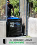 Man maneuvering Dual Fuel 16,000 Watt Portable Inverter Generator through a 36-inch gate, highlighting portability.