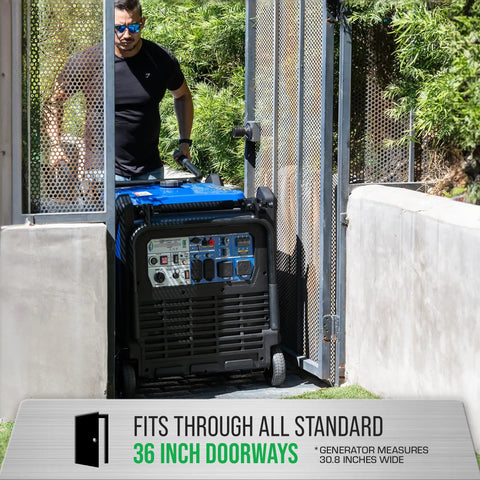 Man maneuvering Dual Fuel 16,000 Watt Portable Inverter Generator through a 36-inch gate, highlighting portability.