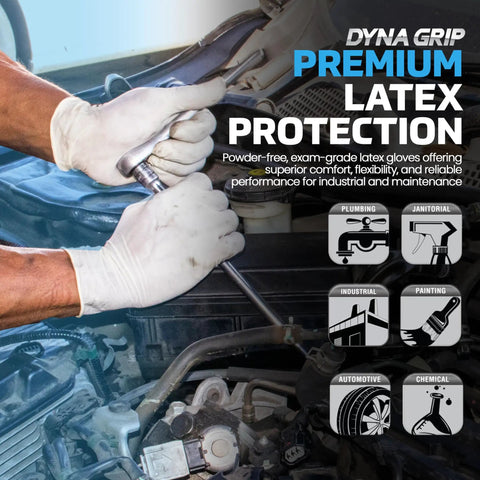 Heavy Duty Extra Large Powder Free Latex Gloves Featuring A Tough As Nails Textured Grip And Comfortable Beaded Cuff Made For Garage Grind Kitchen Cleanup Or Daily Janitorial Hustles In 100 Count Box used during automotive repair.