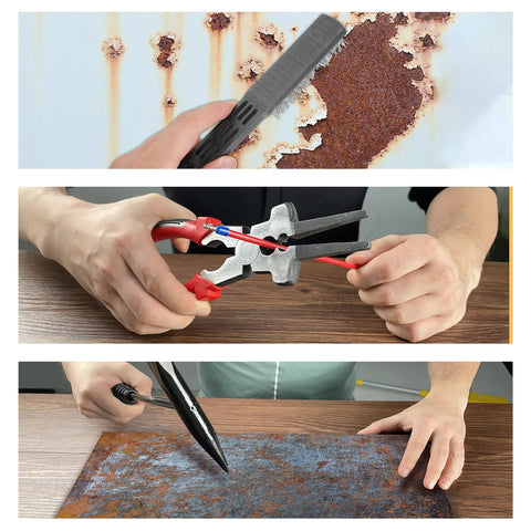 8 Inch MIG Welding Pliers Set for Spatter Removal And Wire Brush, Heavy Duty Chipping Hammer, and Nozzle Puller in use.