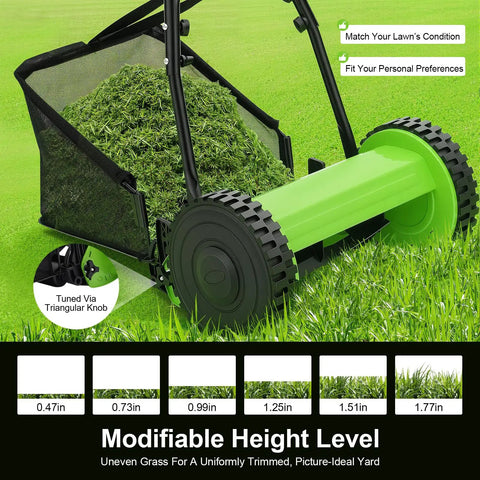 Push Reel Lawn Mower With Five Steel Blades, Walk-Behind Manual Grass Cutter, 11.8 Inch Cutting Width, Adjustable Height From 0.47 To 1.77 Inches, Removable Grass Bag For Easy Yard And Garden Cleanup. Manual lawn mower with grass bag and height settings