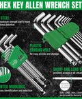 Nine-Piece Metric Allen Wrench Set With Ball End Hex Keys In S2 Steel, hanging holder, black background, green accents