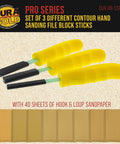 Three Piece Pro Grade Contour Hand Sanding Block Set With Hook And Loop Sandpaper Kit Includes Flat Convex Radius Shapes