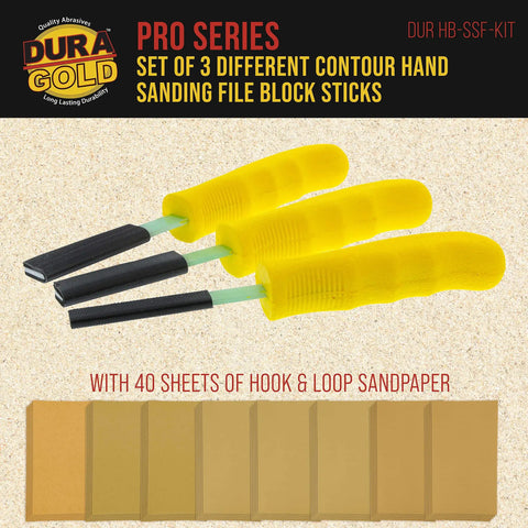 Three Piece Pro Grade Contour Hand Sanding Block Set With Hook And Loop Sandpaper Kit Includes Flat Convex Radius Shapes