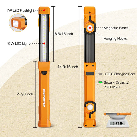 Lit 1000 Lumen LED Work Light With Rechargeable Design For Mechanics Dual Magnetic Bases And Hanging Hooks 4 Lighting Modes USB C Cable Perfect For Car Repair Home And Emergency Use shown with measurements and features, including magnetic bases and hooks, bright orange color.