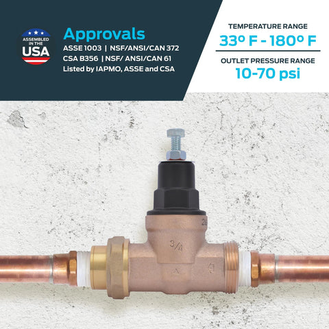 3/4 in EB45 single-union pressure regulating valve on copper pipe, bronze body, black top adjustment cap.