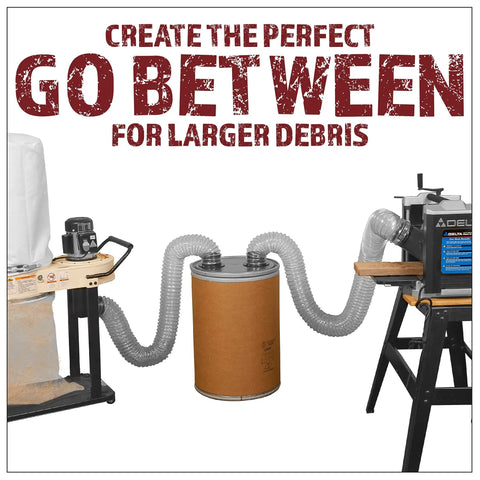 Heavy Duty Cyclone Dust Separator Kit For 4 Inch Hose With Shop Vacuum And Dust Collector Bucket System in a woodworking setup