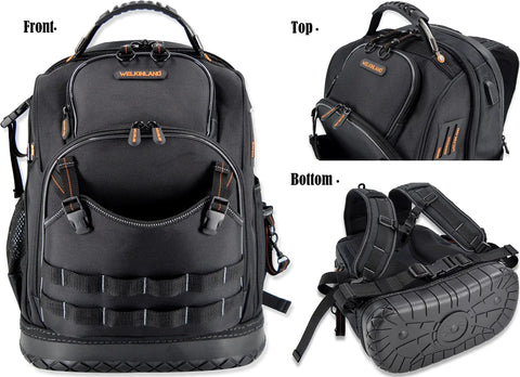 Front, top, and bottom views of 77 Pocket Electricians Tool Backpack With Hard Moulded Bottom And 65 Pcs Molle Loops Four Compartments Titanium Hook Waterproof Design For HVAC Construction And Field Techs A Gear Carrier For Tough Job Sites.
