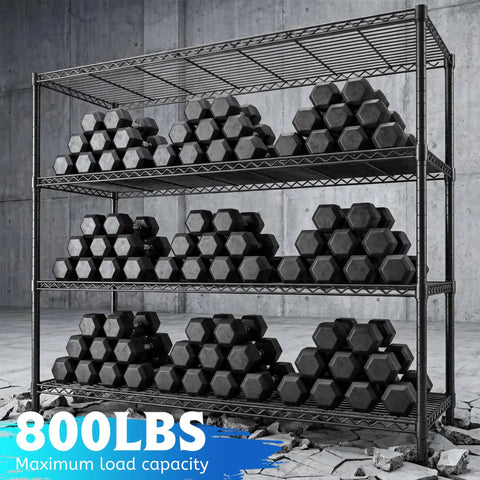 4-Tier Heavy Duty Wire Shelving Unit For Warehouse And Supermarket With Double Capacity And Space Saving Design Industrial Steel Shelving Measures 45.3W X 63H X 17.7D Easy Assembly showcasing weights and 800lbs capacity