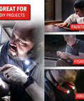 Rechargeable Hands Free Neck Light With 9 Hour Run Time, Four Modes, USB Cord Included, Water Resistant, Ideal For Mechanics, Camping, Hunting, DIY Projects, And Reading shown being used for DIY projects, painting, fishing, and hiking.