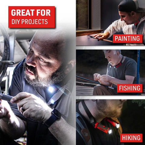 Rechargeable Hands Free Neck Light With 9 Hour Run Time, Four Modes, USB Cord Included, Water Resistant, Ideal For Mechanics, Camping, Hunting, DIY Projects, And Reading shown being used for DIY projects, painting, fishing, and hiking.