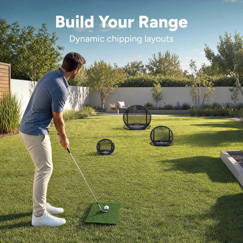 Man practicing with Chipster Range PRO Golf Chipping Nets Portable Indoor Outdoor Practice Targets With Hitting Mat And 4 Foam Balls