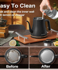 Gooseneck Electric Kettle 0.8L For Pour Over Coffee And Tea With Precision Spout Stainless Steel Inner Lid And Bottom Auto Shut Off Boil Dry Protection Black For Coffee Nerds And Tea Lovers Who Want That Barista Style Pour Every Time shown with cleaning instructions