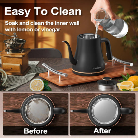 Gooseneck Electric Kettle 0.8L For Pour Over Coffee And Tea With Precision Spout Stainless Steel Inner Lid And Bottom Auto Shut Off Boil Dry Protection Black For Coffee Nerds And Tea Lovers Who Want That Barista Style Pour Every Time shown with cleaning instructions