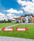 Red Arrow Yard Sale Signs With Stakes 16x5 Inches Double Sided Outdoor Estate Sale Signs For Business This Way Arrow Yard Signs Plastic Garage Sale Sign Outdoor Three Pack showing in front of modern house with lawn