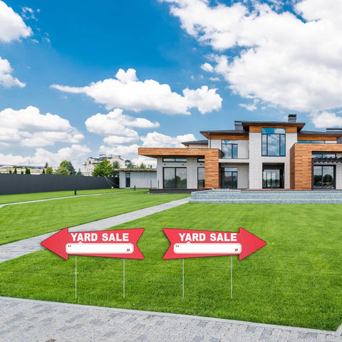 Red Arrow Yard Sale Signs With Stakes 16x5 Inches Double Sided Outdoor Estate Sale Signs For Business This Way Arrow Yard Signs Plastic Garage Sale Sign Outdoor Three Pack showing in front of modern house with lawn
