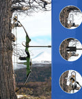 Composite image showing a bow secured to a tree, with close-up views of the securing mechanism.