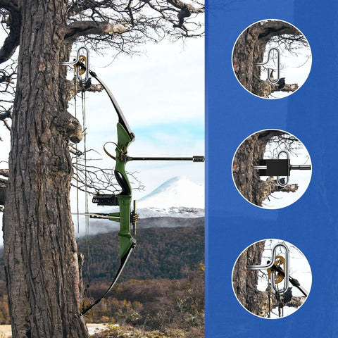 Composite image showing a bow secured to a tree, with close-up views of the securing mechanism.