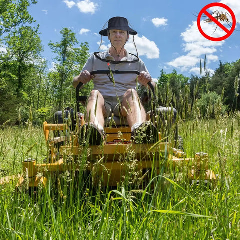 Man mowing lawn wearing Two Pack Mosquito Head Net Mesh For Hiking And Outdoors Over Hat Keeps Skeeters And Bugs Out Of Your Eyes Nose Ears Face Neck