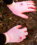 Women Gardening Gloves With Micro Foam Palm Coating And Textured Grip For Weeding Digging Raking And Pruning Lightweight Durable Nylon Shell Medium Size Assorted Colors Comfortable Dry Hands While Working In The Garden, pink gloves in use