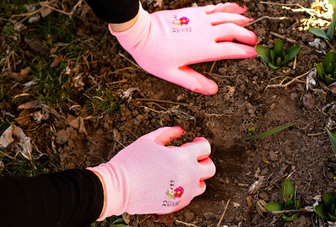 Women Gardening Gloves With Micro Foam Palm Coating And Textured Grip For Weeding Digging Raking And Pruning Lightweight Durable Nylon Shell Medium Size Assorted Colors Comfortable Dry Hands While Working In The Garden, pink gloves in use