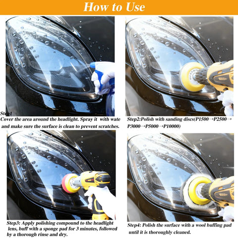4-step instruction for using All In One 144Pc 3 Inch Sanding Disc Drill Polishing Kit for headlight restoration