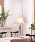 Fresh Boho Striped Peel And Stick Wallpaper Roll In Light Pink Waterproof Vinyl Contact Paper in dining room with lamp.