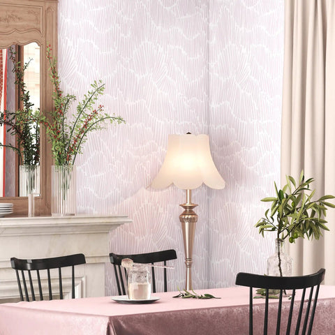 Fresh Boho Striped Peel And Stick Wallpaper Roll In Light Pink Waterproof Vinyl Contact Paper in dining room with lamp.