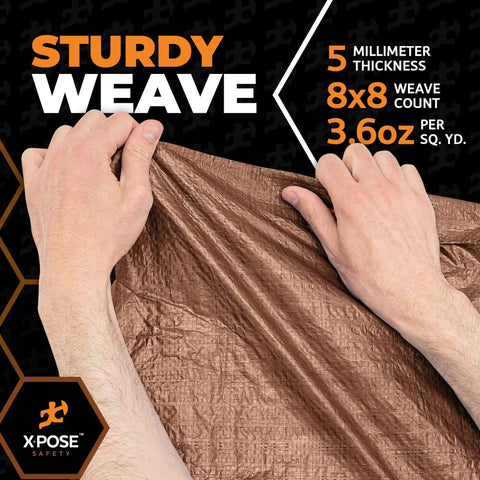 Hands holding heavy duty brown poly tarp detail, showcasing 5 mil thickness and texture. Perfect for coverage and protection.
