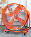 Smooth Rolling Industrial Drum Fan Cranking Out Serious Airflow To Crush Heat And Clear Smoke Quick 15000 Cfm Motor on sturdy steel frame.